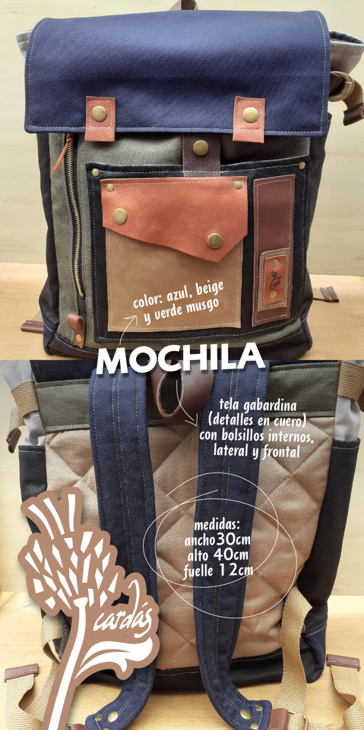 mochila azul y beige